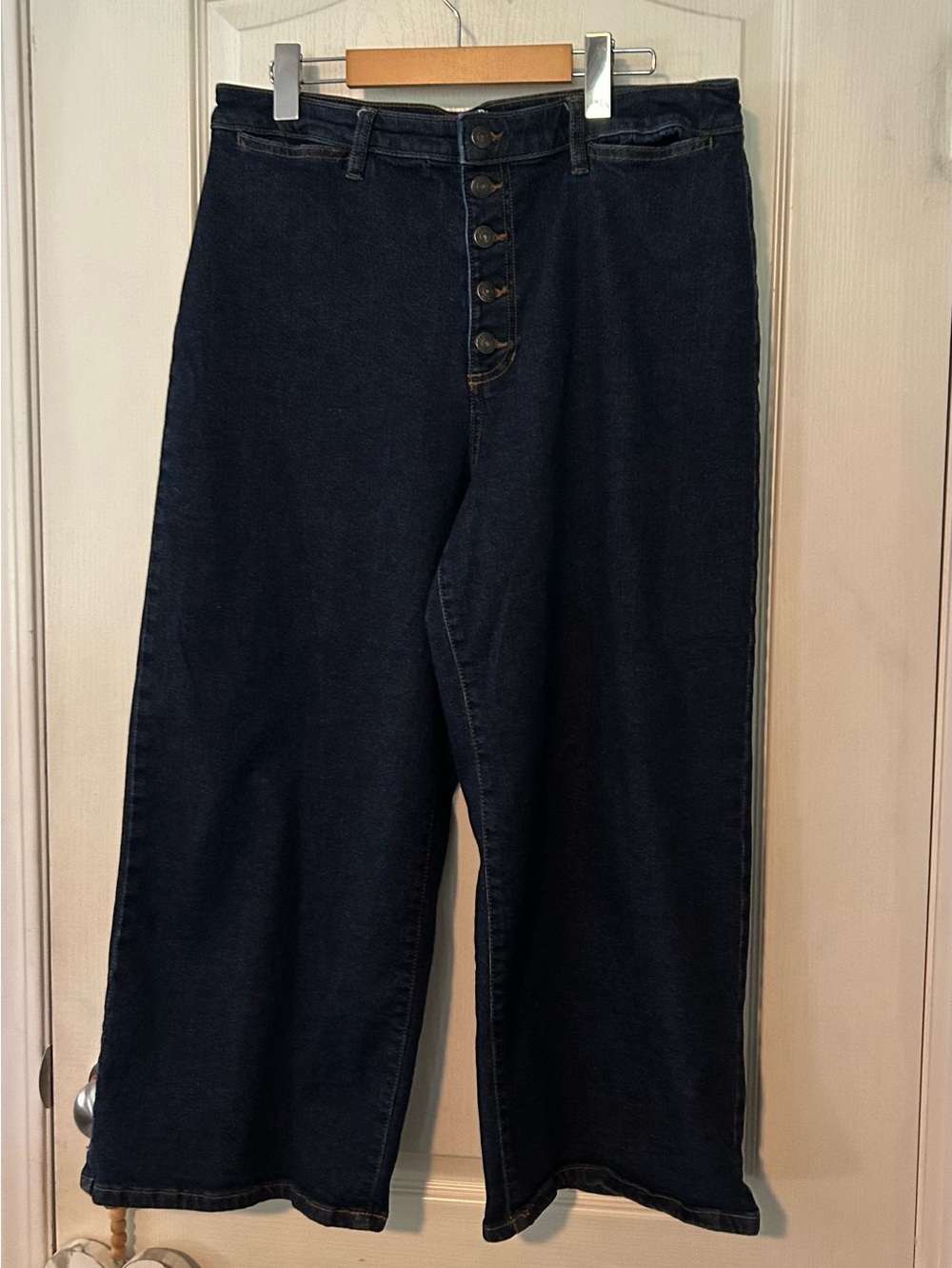 High Rise Dark Blue Wide-Leg Button-Fly Crop Jeans